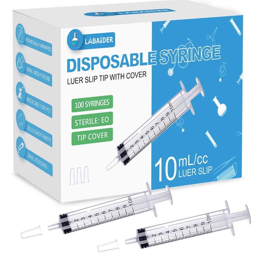 100 Pack 10ml Syringes with Cap for Oral Medicine Liquid Jello Shots Feeding, 10cc Plastic Syringes, Luer Slip Tip, Individually Sterilized Sealed
