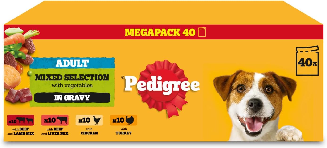 Pedigree Adult Dog Wet Food Pouch Mixed Selection in Gravy, 40x100g