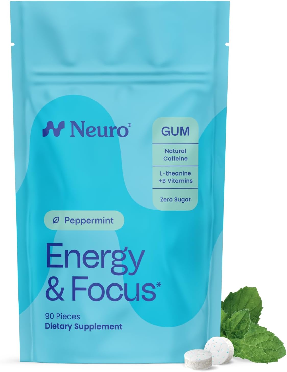 Neuro Energy & Focus Gum - Caffeine Gum with 40mg Natural Caffeine & L-Theanine - Nootropic Energy Supplement with B Vitamins - Sugar Free, Vegan - Peppermint, 90ct