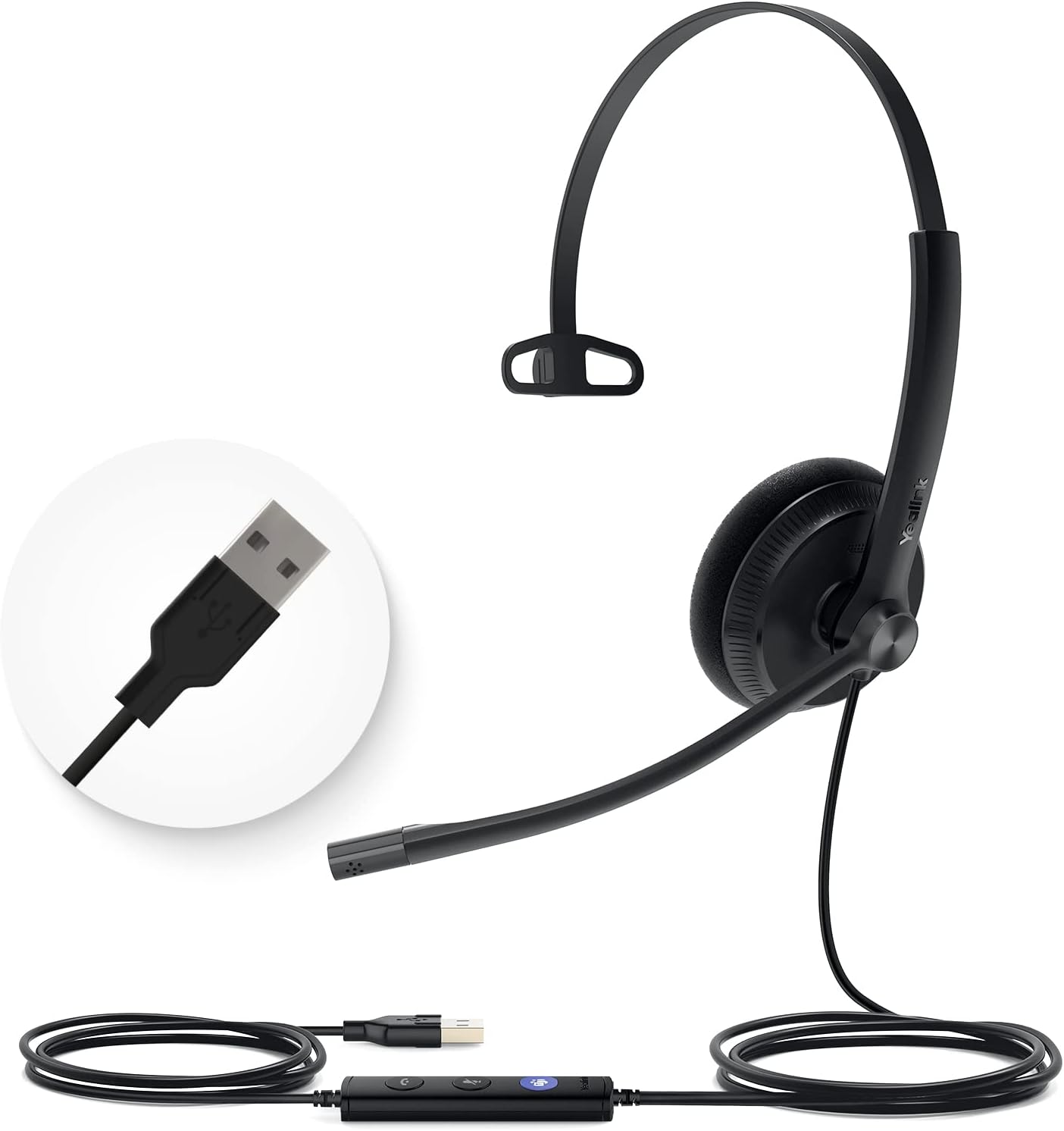 Yealink UH34 USB Headset with Mic, Single Ear Wired Headphones with Noise Cancelling Microphones, Professional Work Headphones VoIP Phone Computer Call Center Office,Ultra Light Mono