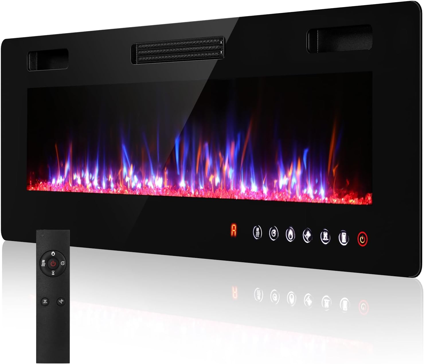50" Wall Mounted Electric Fireplace, Recessed or Semi-Recessed Electric Fireplace Heater with Toucn Screen, Remote Control, Adjustable Flame Color and Speed Black