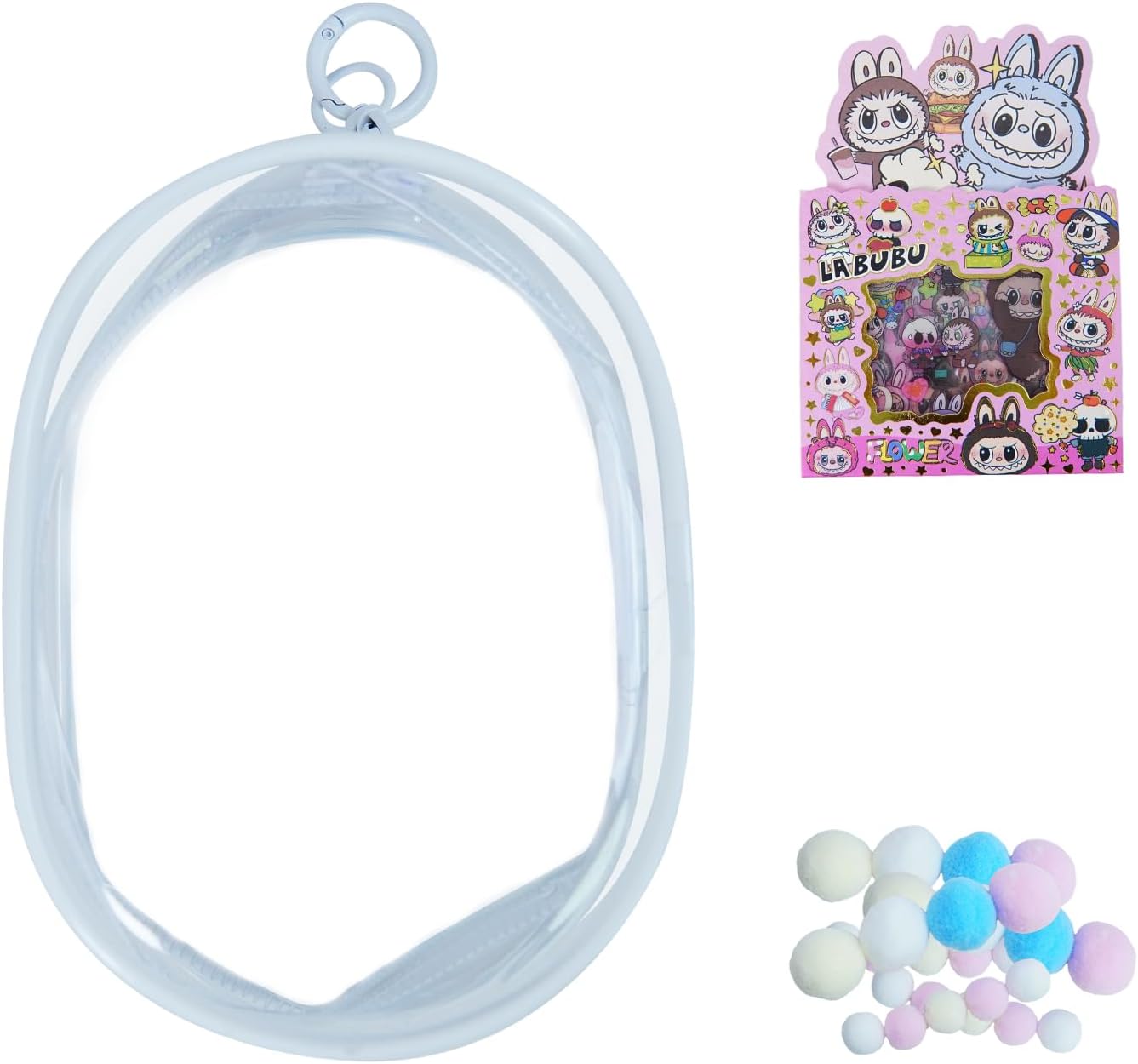 Elliptical Large transparent display bags and keychain dolls, with doll stickers, organizer dust-proof collection display bags. (Suitable For 15cm)
