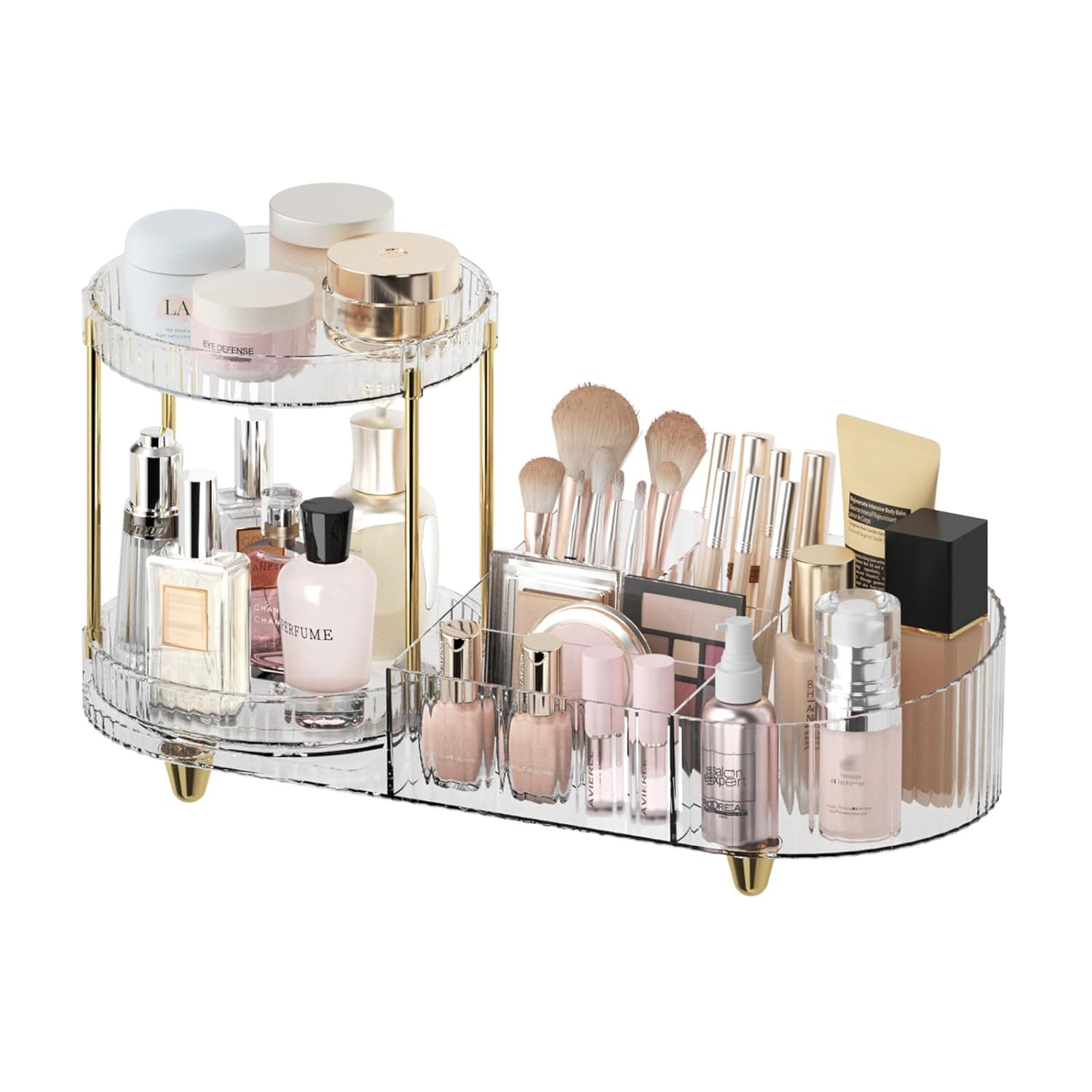 Makeup Organizer Countertop for Vanity, Rotating Perfume Tray with 5-compartment Cosmetic and Skincare Organizers, Multi-Purpose Desk Storage Makeup Brush Holder for Bathroom Bedroom Counter