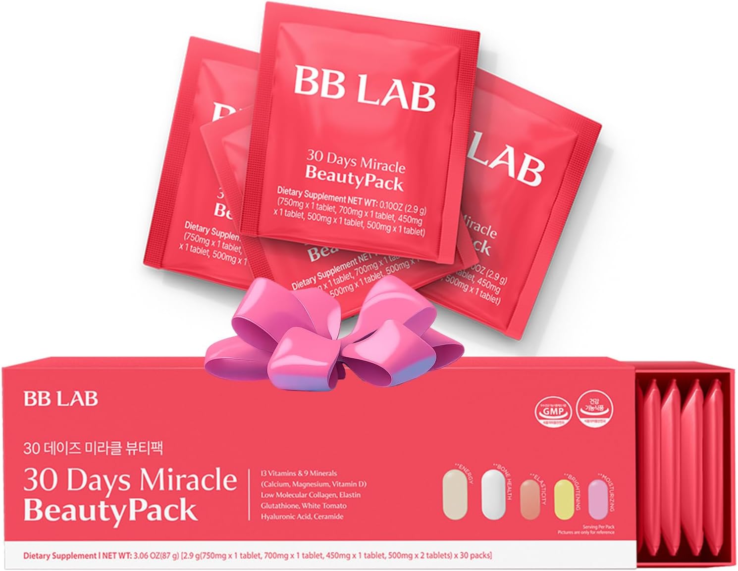 BB LAB 30 Days Miracle Beauty All-in-one Pack, Low Molecular Collagen, Elastin, Glutathione, Ceramide, Hyaluronic Acid, Multivitamins & Minerals, Calcium, Magnesium, Vitamin D