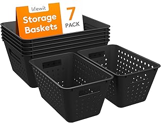 Lifewit Plastic Storage Basket, 7 Pack Stackable Storage Bins for Organizing, Multi Size Open Containers for Shelving, Pantry, Office and Cabinet, 5 Large and 2 Small Size, Black