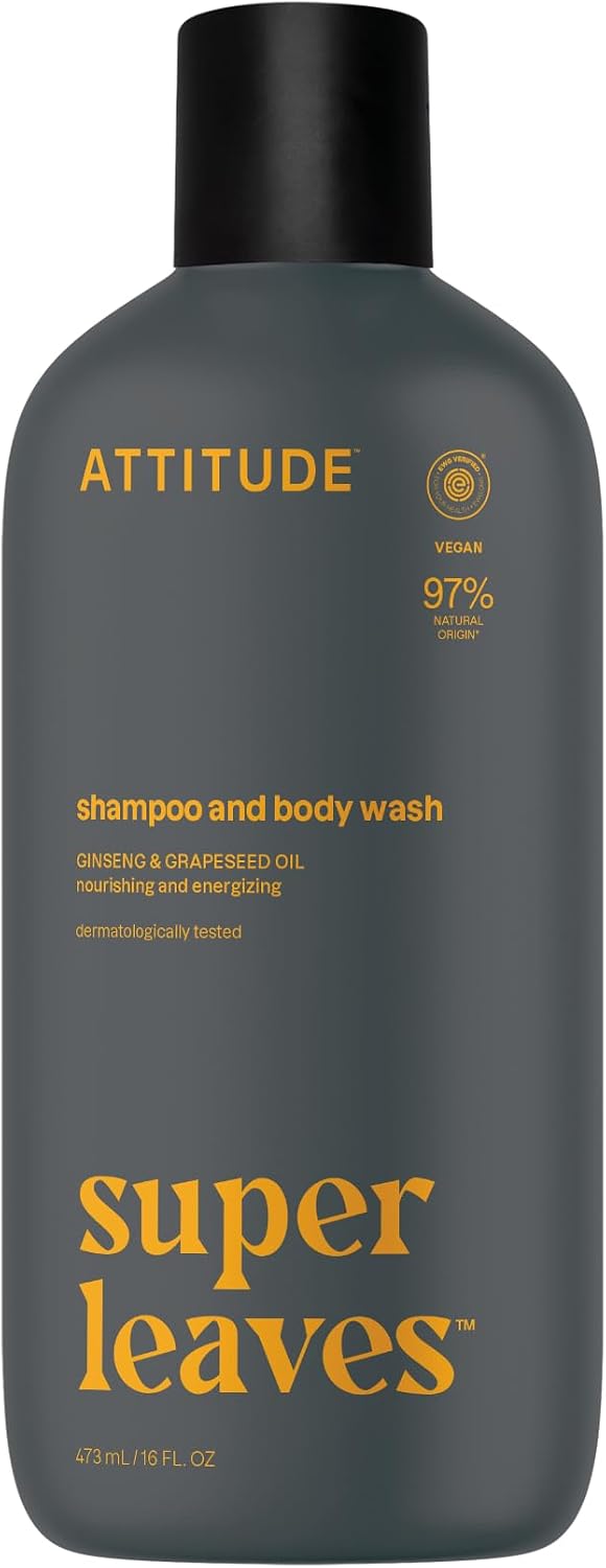 ATTITUDE 2-in-1 Body Wash and Hair Shampoo, EWG Verified Shower Gel, Dermatologically Tested, Made with Naturally Derived Ingredients, Vegan Personal Care, Ginseng and Grapeseed Oil, 473 mL