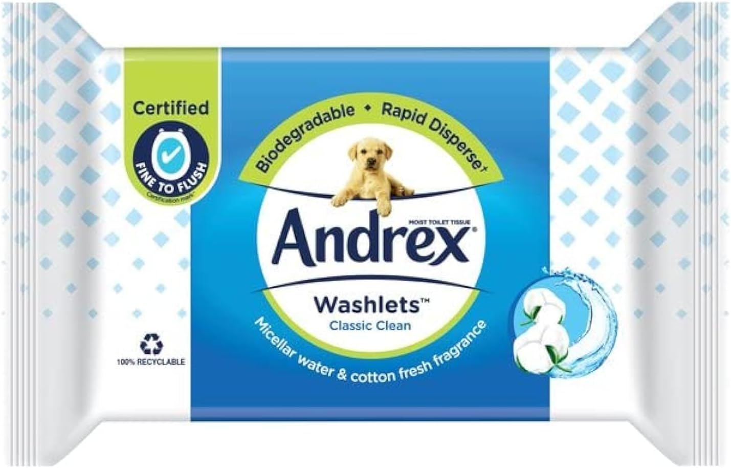 Andrex Classic Clean Washlets - Toilet Tissue Wet Wipes with Micellar Water - Flushable Washlets for a Shower Fresh Clean - Biodegradable and Plastic-Free - 4 Quad Pack (160 Wipes)