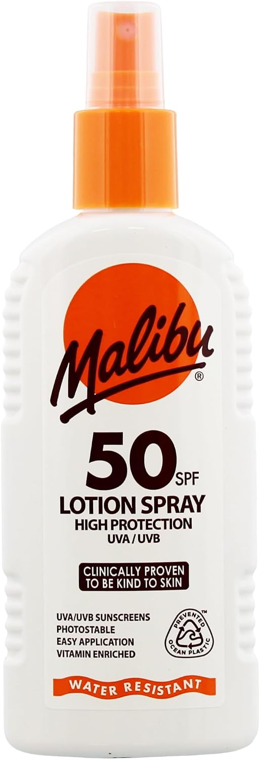 Malibu High Protection Water Resistant Vitamin Enriched SPF 50 Sun-Screen Lotion Spray with Shea Butter Extract, 200ml
