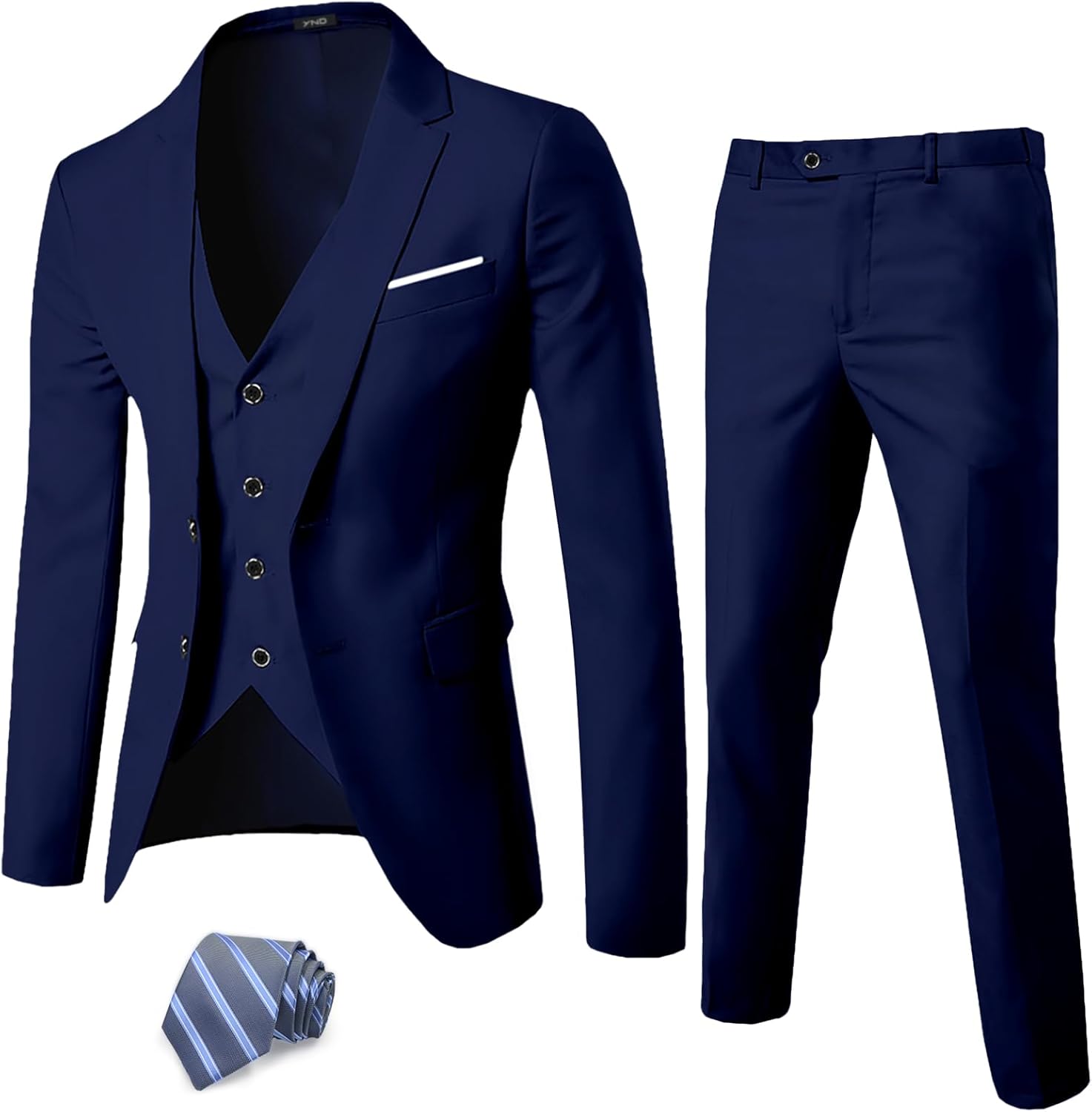 YND Men's Slim Fit 2 Button 3 Piece Suit Set, Solid Blazer Jacket Vest Pants & Tie