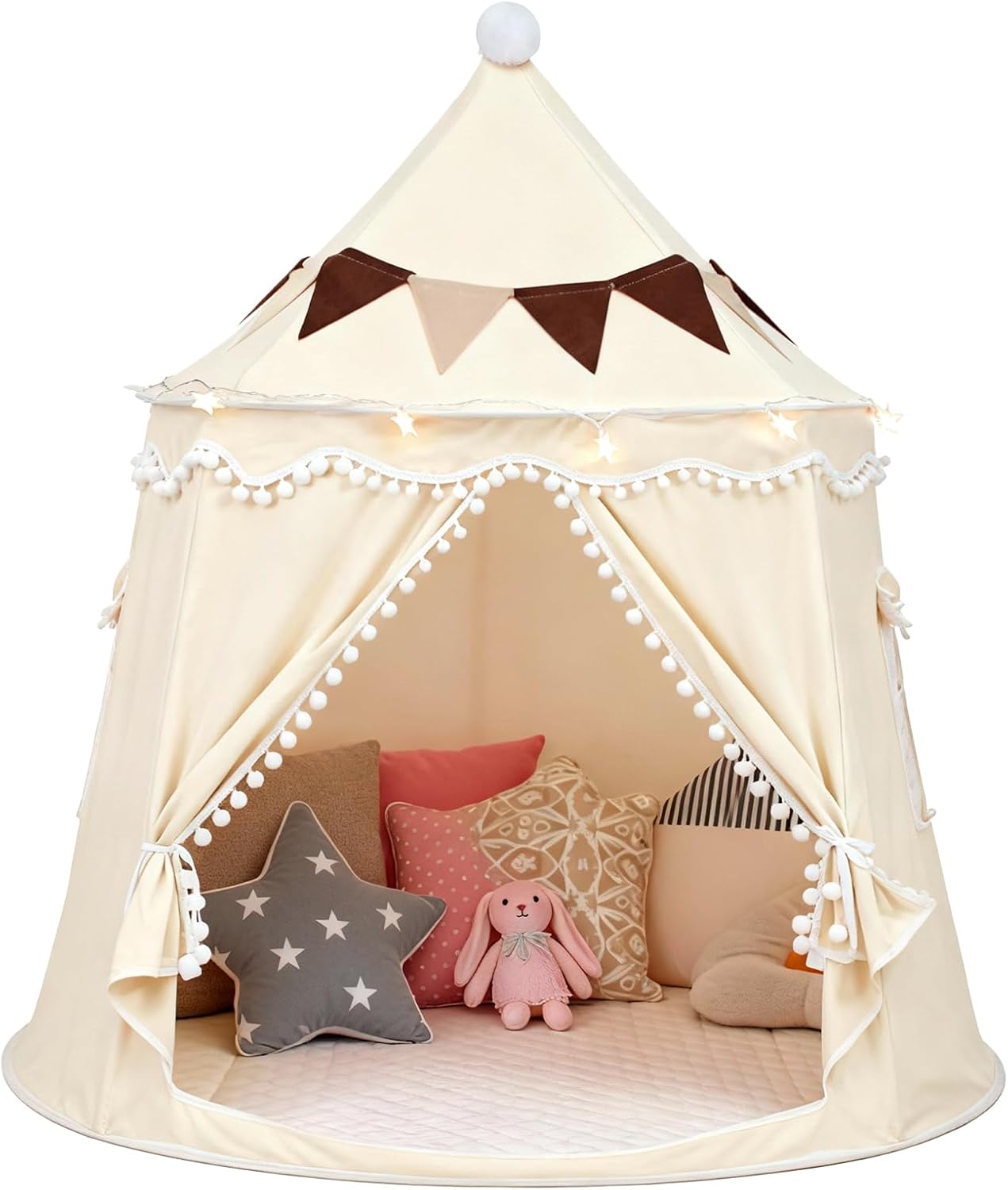 Play Tent with Padded Mat, Star Lights and Flags, Large Playhouse Kids Castle Tents, Indoor Outdoor Game Tent, Portable Children Yurt Tents, Gift for Boys & Girls, 47''x45'', Cream