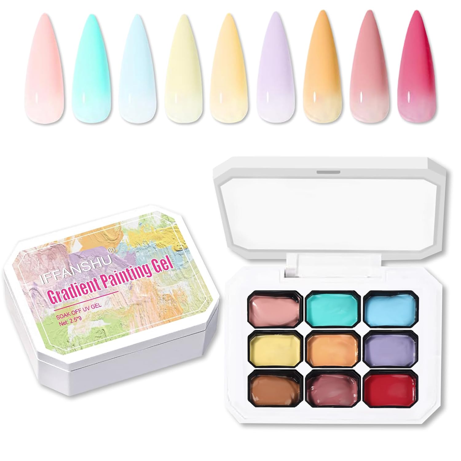 Gradient Painting Gel, 9 Colors Ombre Gel Polish for Pat Painting Gels Blooming Gels No-wipe Soak off French Manicure UV DIY Art Home Salon