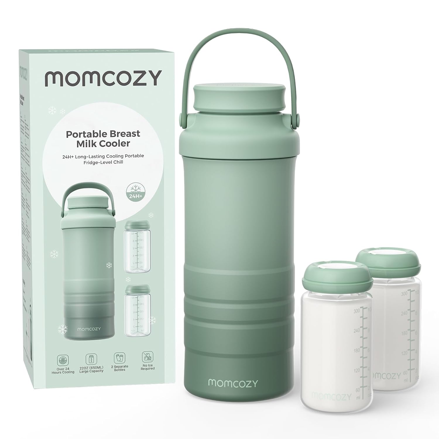 Momcozy 22oz Portable Breastmilk Cooler for 24H Outdoor, Newborn Essentials | 24 Hours & 360ยฐ Surrounded Cooling, 2 Extra Baby Bottles for Better Storage, Life Saver for Working Mom, Hassle-Free Cleaning
