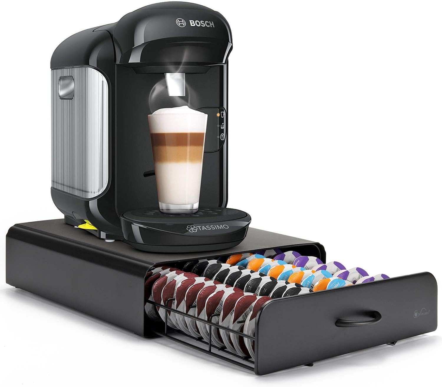 Vinsani 64 Compatible Coffee Pod Holder - 64 Capsules Stackable Stand - Non Slip Base Black T-Disc Coffee Capsules Stand & Pod Storage Drawer Anti-Vibration Design