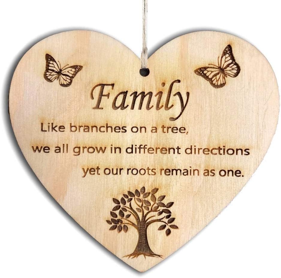 Pet-Jos Family Plaque Wooden Hanging Heart Gift for Family Members Heart Wooden Sign Friendship Robin Memory Quote FBA