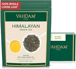 VAHDAM, Himalayan Green Tea Leaves (50+ Cups, 3.53 Oz) Non GMO, Gluten Free | High Elevation Grown Green Tea Leaves From Himalayas | Pure Unblended Single Origin Green Loose Leaf Tea | Vacuum Sealed
