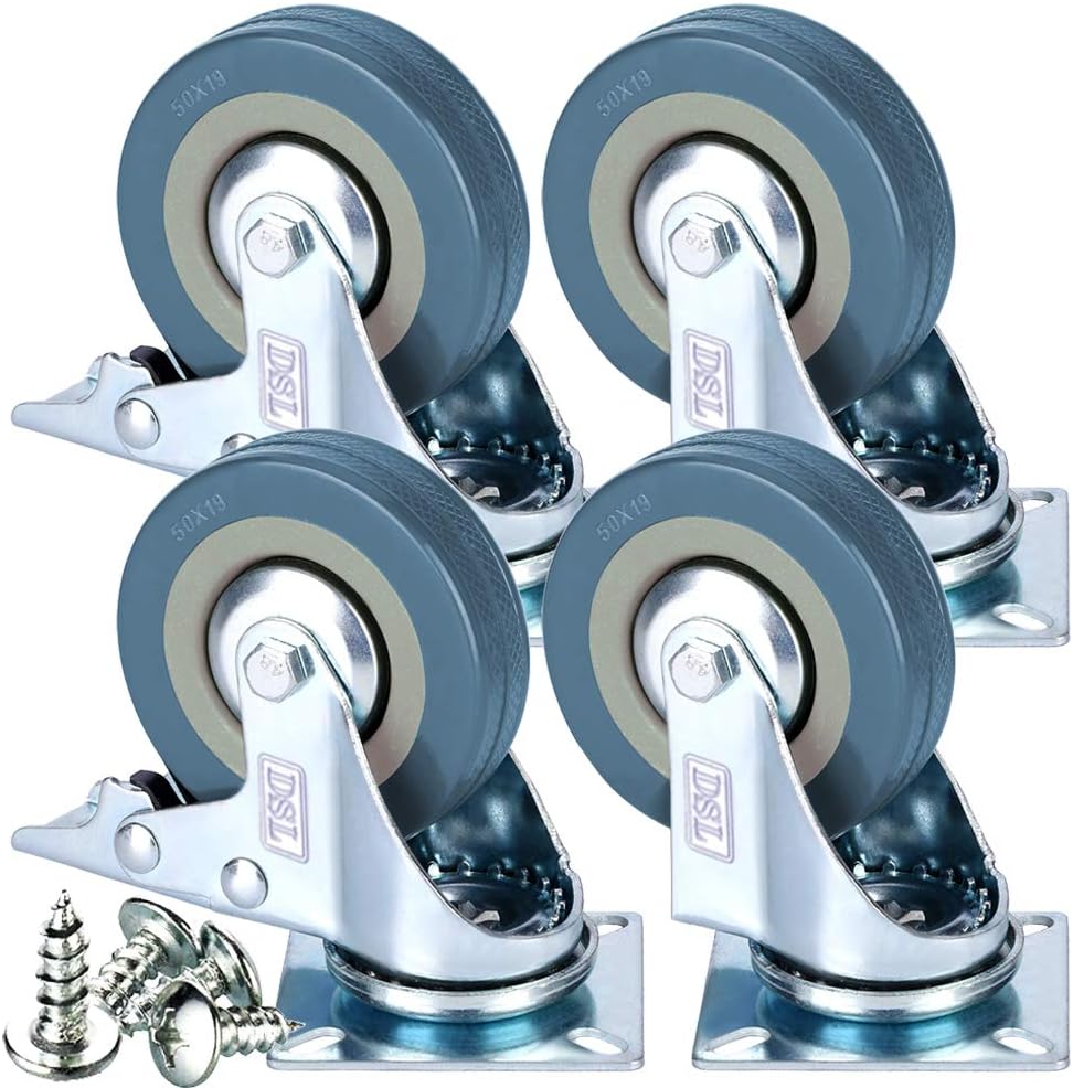 DSL Heavy Duty Braked 50mm Swivel Castor Wheels Trolley – Caster Wheels Set of 4 – Rubbered Castors for Furniture – Upto 200KG + Free Fitting