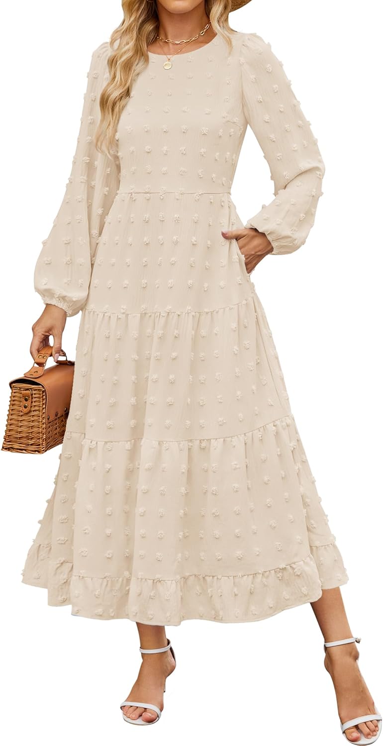 ZESICA Women's Fall Long Sleeve Maxi Dresses 2024 Casual Crew Neck Swiss Dot Tiered Flowy A Line Wedding Guest Dress