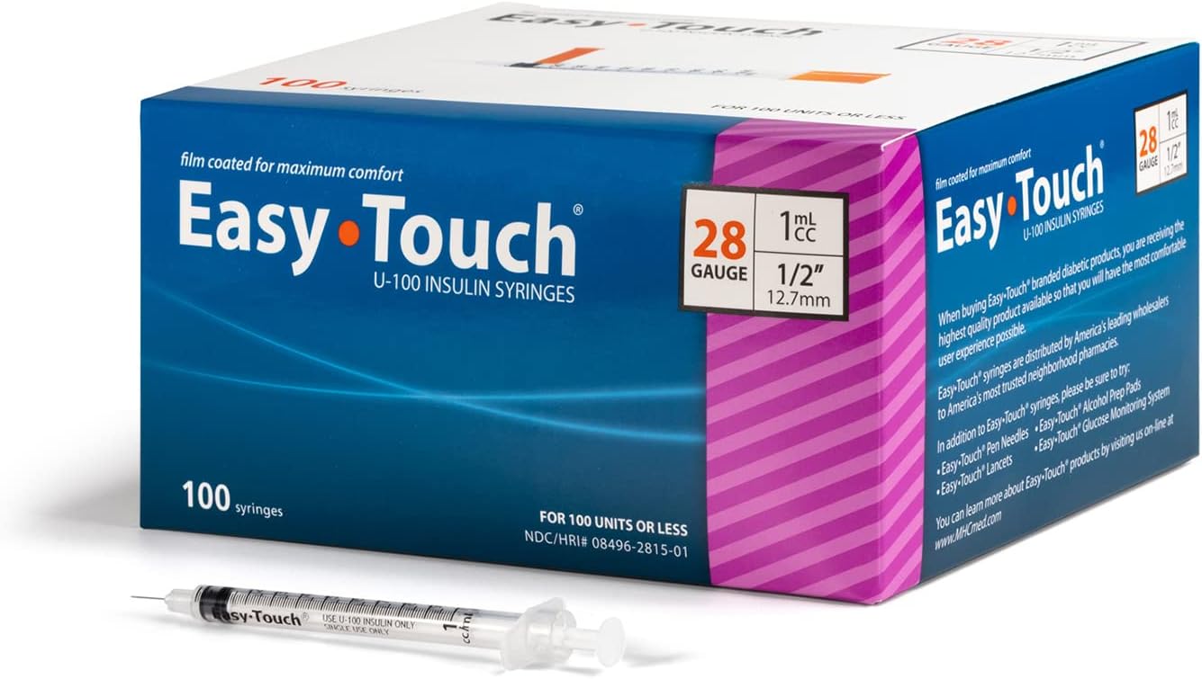 Easy Touch U-100 Insulin Syringe with Needle, 28G 1cc 1/2-Inch (12.7mm), Box of 100