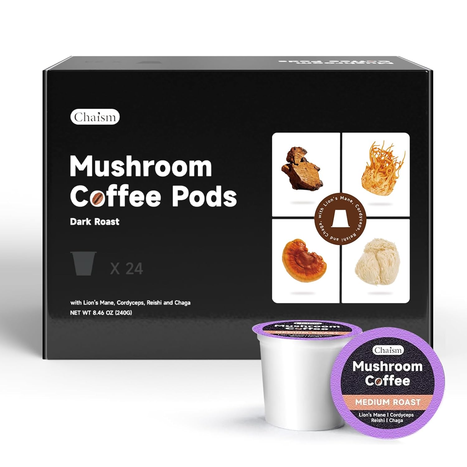 Chaism Mushroom Coffee Pods - Arabic Coffee with Lions Mane, Cordyceps, Reishi, Chaga for Focus & Energy Boost, Sugar-Free, Fat-Free (24 Counts, Dark Roast)