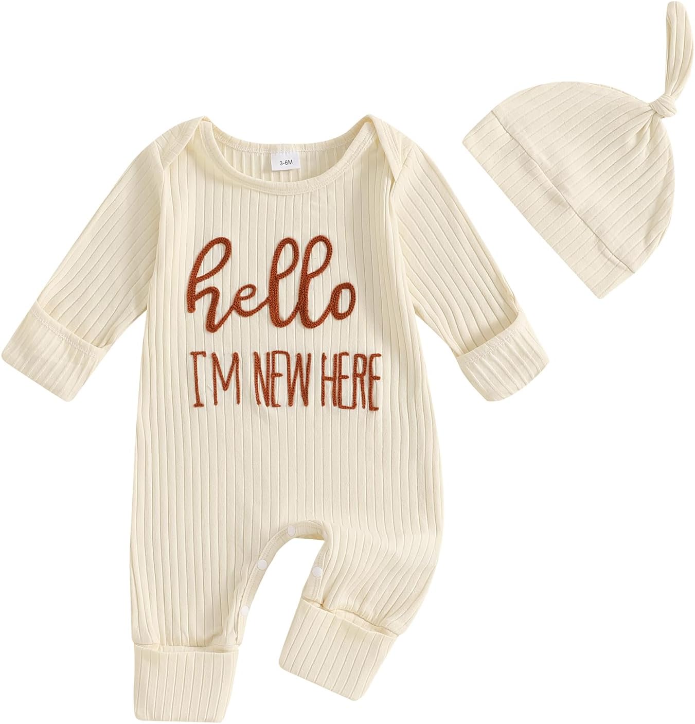 FIOMVA Im New Here Newborn Outfit Boy Long Sleeve Letter Romper Ribbed Knit Jumpsuit Baby Boy Preemie Coming Home Outfit