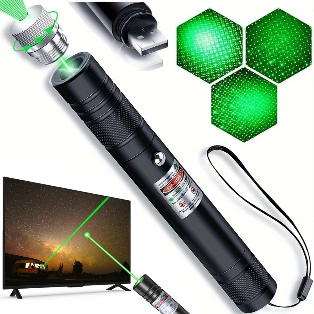 Damflew Green Laser Pointer, USB-A Charging, Laser Beam with Starry-Sky Cap