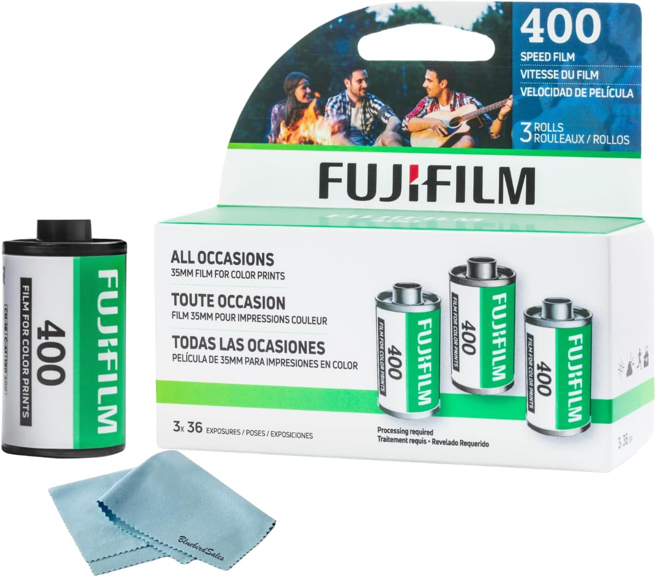 FUJIFILM 400 Color Negative Film (35mm Roll Film, 36 Exposures, 3-Rolls) + BluebirdSales Microfiber Cleaning Cloth