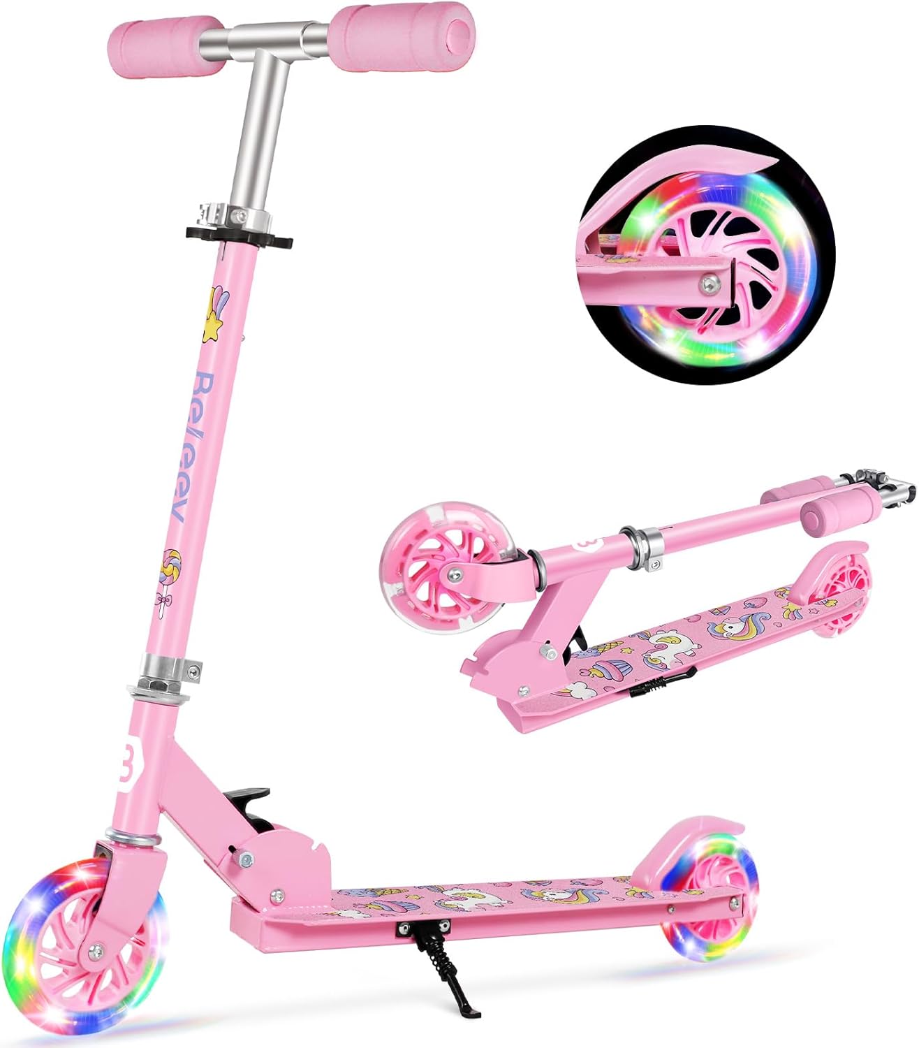 BELEEV V1 Scooter for Kids, 2 Wheels Folding Kick Scooter for Children Girl and Boys, 3 Adjustable Height, Flashing Light up Wheels, Lightweight Scooter with Sturdy Frame, Kickstand, Age 3-12