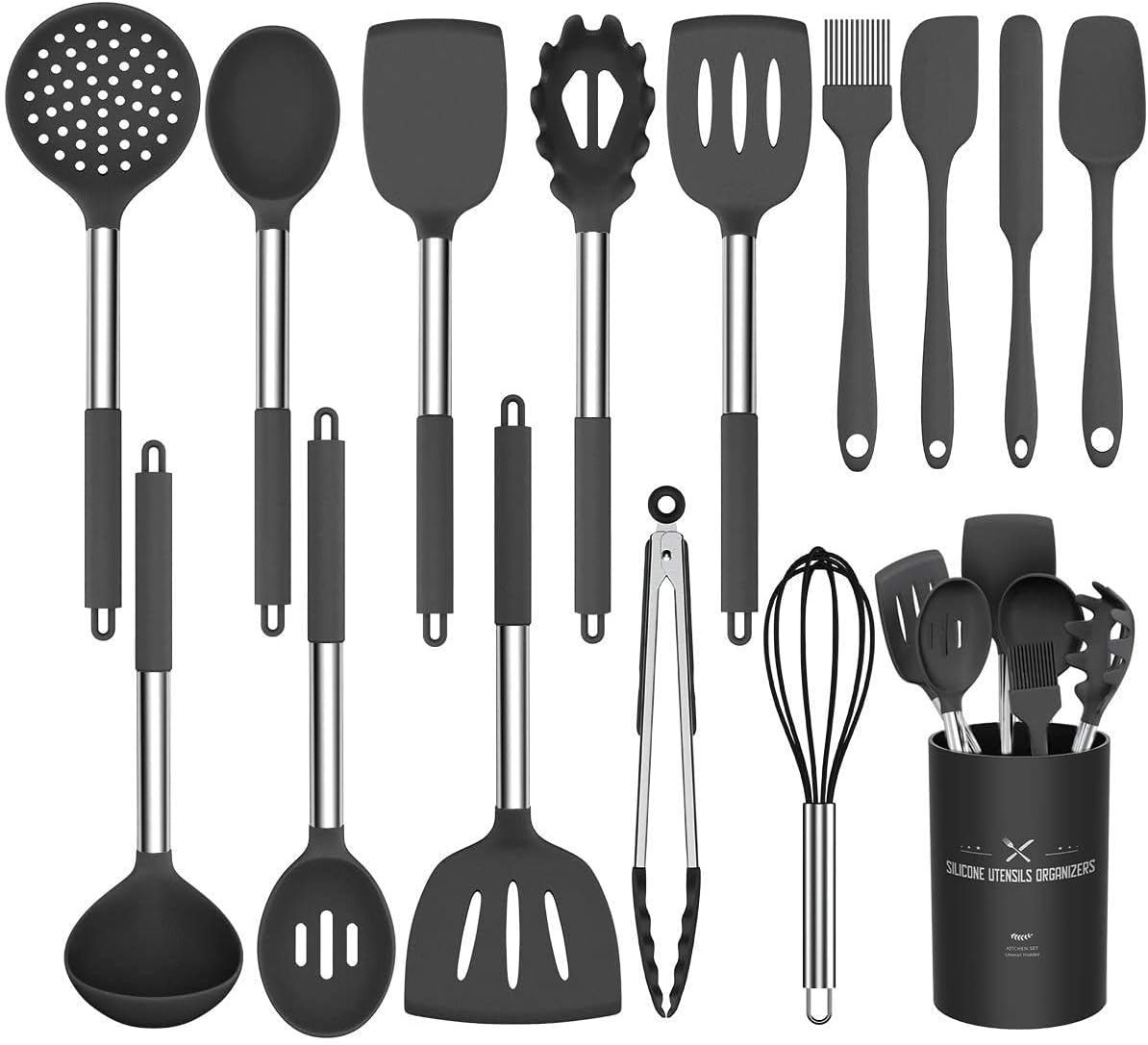 Umite Chef Kitchen Utensil Set, 15pcs Silicone Cooking Kitchen Utensils Set, Cooking Tools Turner Tongs Spatula Spoon for Nonstick Heat Resistant Cookware - (Black)