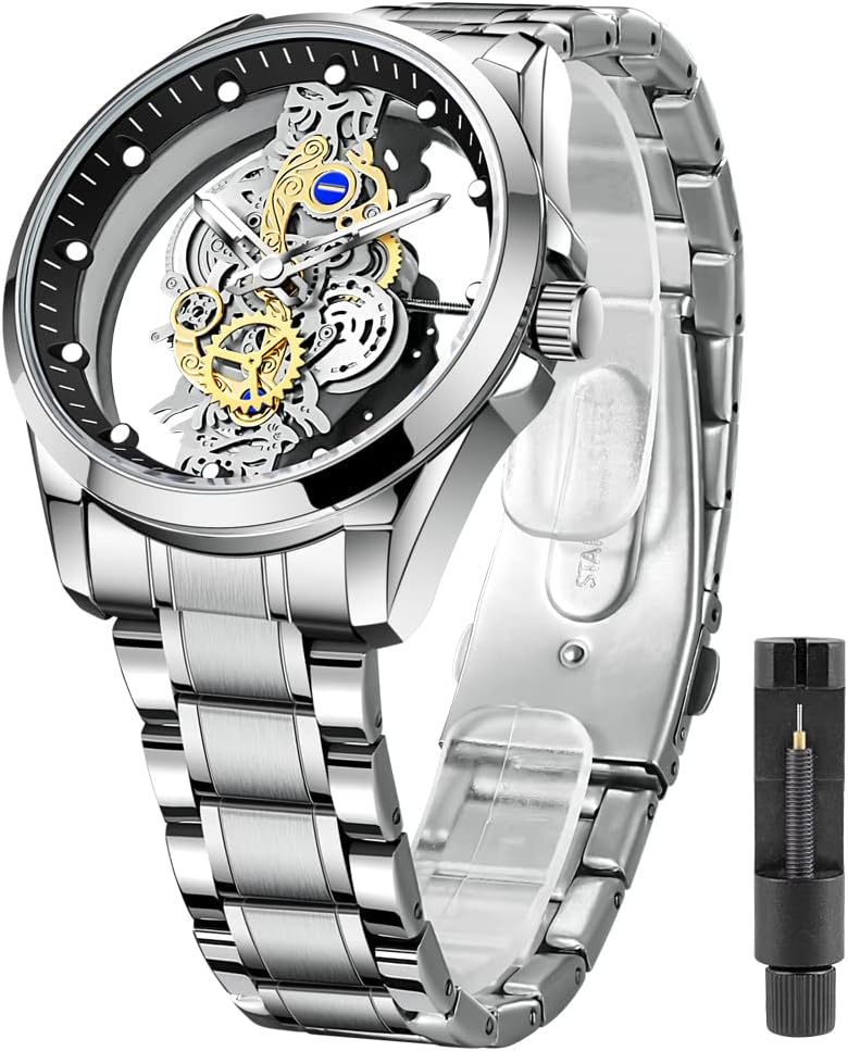 Tiong Men's Clear Cover Quartz Watch Men Stainless Steel Waterproof Watch, Business Skeleton Quartz Watch for Men