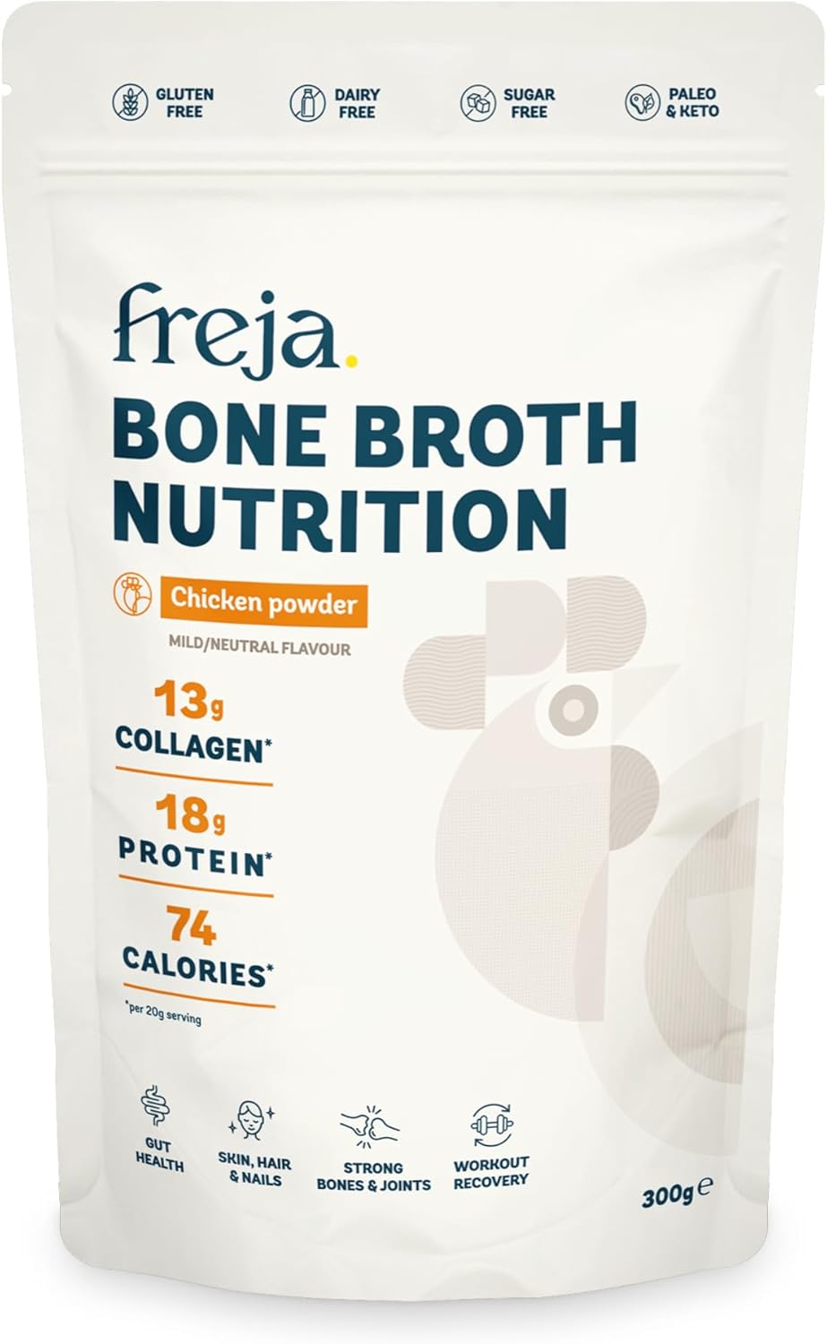 Freja Bone Broth Powder | 100% Natural Collagen & Protein Powder | Free-Range Chicken | Amino Acids & Minerals | Nutrition for Healthy Gut, Joints, Skin, Hair & Nails | 300g (15 Servings)