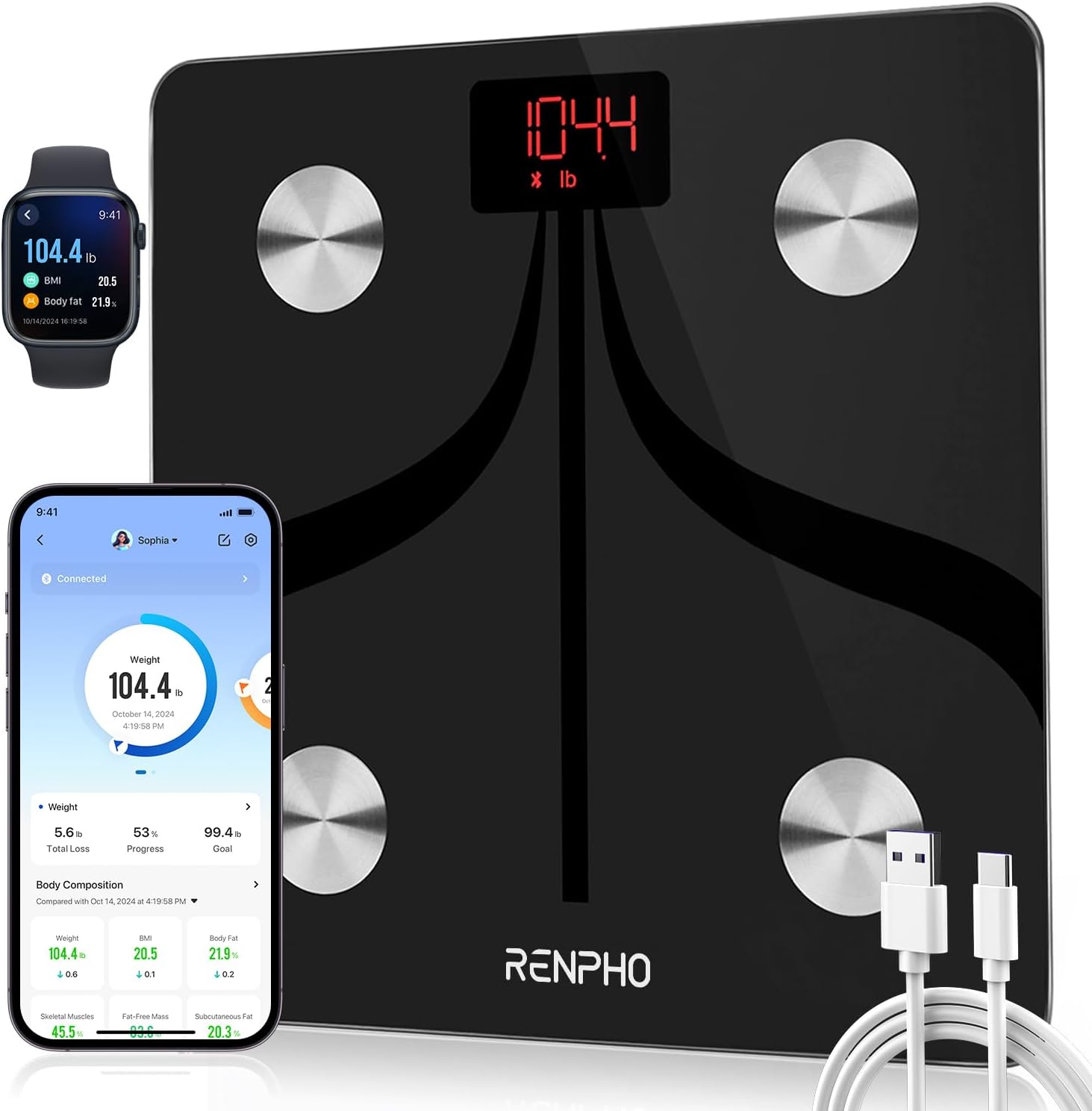RENPHO Smart Body Fat Scales USB Rechargeable, Bathroom Scales for Body Weight High Precision Weighing Scale with Bluetooth Smart App, Body Composition Monitor for Body Fat, BMI, Muscle Mass, Elis 1