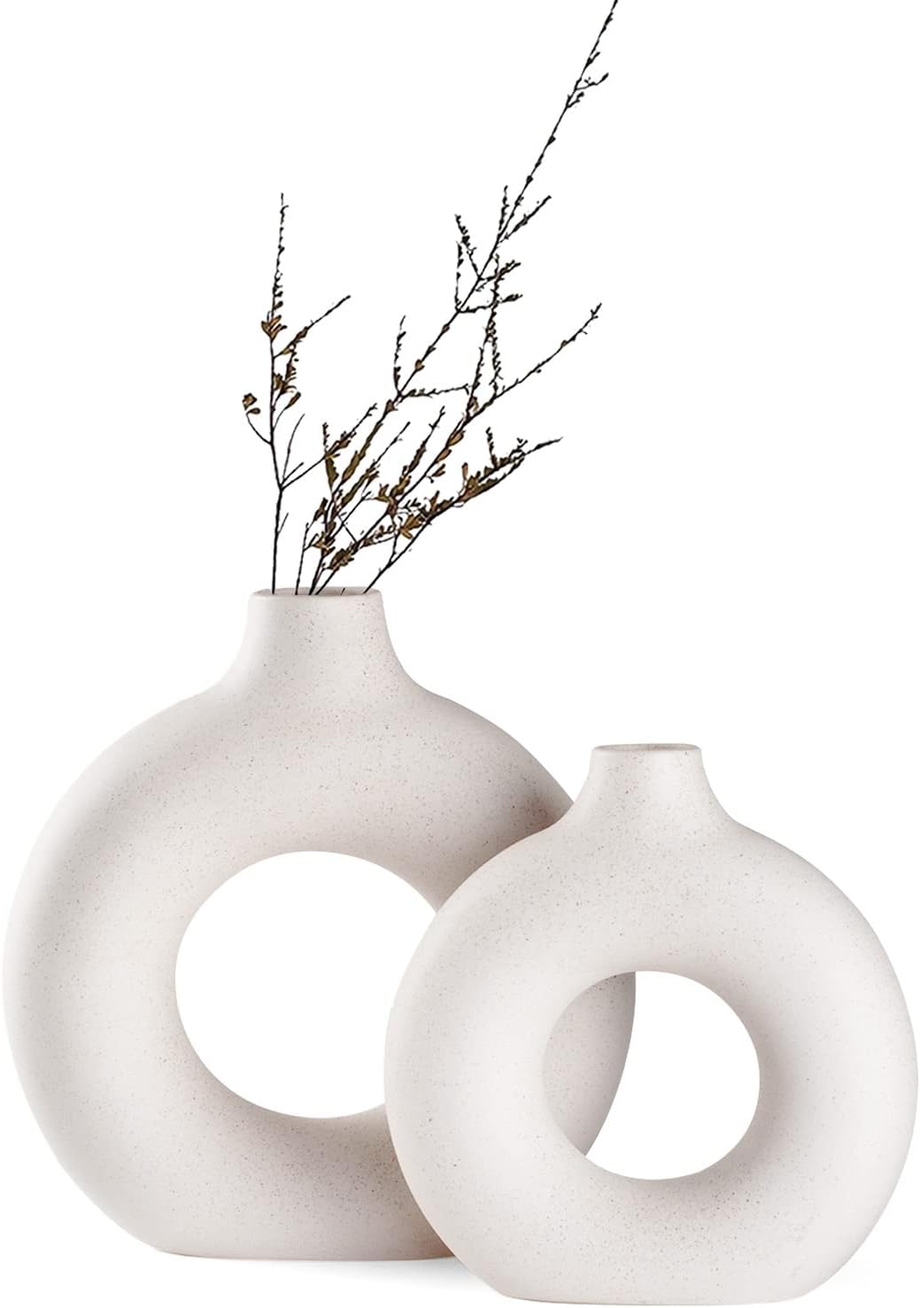 White Ceramic Donut Vase Set of 2, Hollow Matte Pampas Flower Vases for Boho Home Wedding Party Room Dinner Table Shelf Decor.(White)