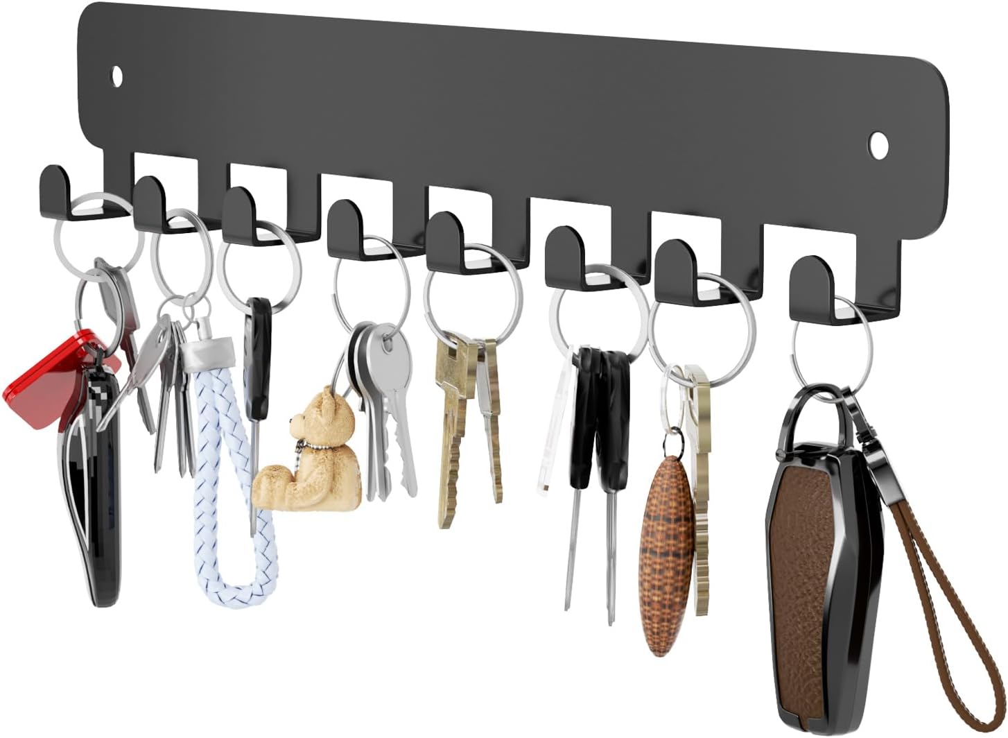 pickpiff 1 Pack Key Holder for Wall Adhesive, Key Hooks with 8 Hooks Wall Mounted, Black Key Hangers for Wall Decor No Drill for Living Room, Kitchen, Office