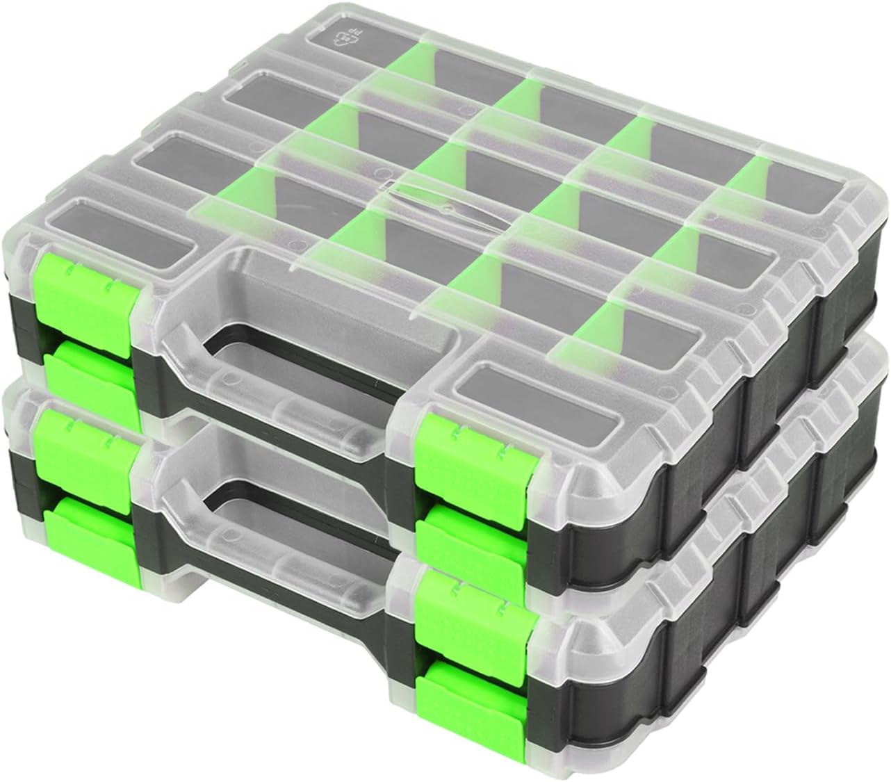 Tool Box with Transparent Lid, Double Side 34-Compartments Organizer Box with Removable Dividers for Hardware, Screws, Bolts, Nails, Beads, Jewelry and Fishing Accessories, Green, 2 Pack