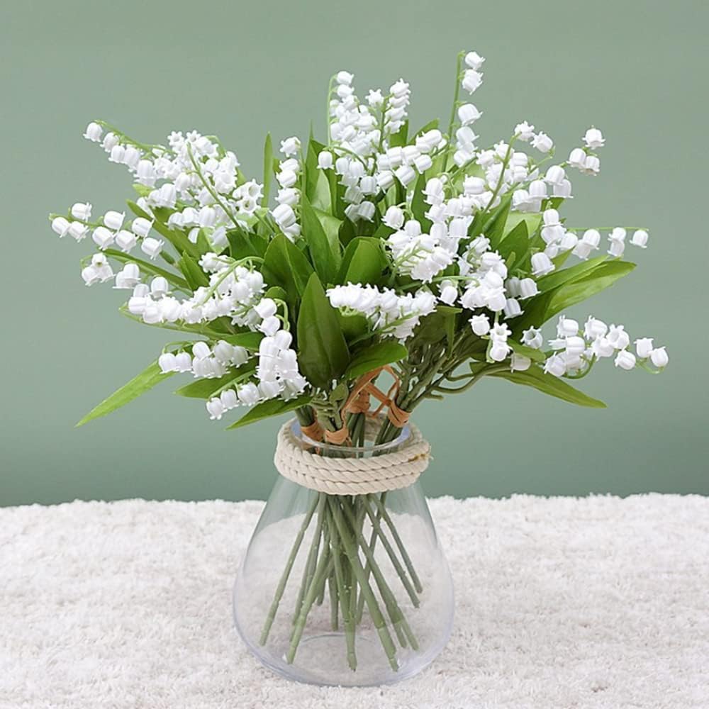 NatureMan 18 Pcs Artificial Lily of The Valley Faux White Bell Flowers Wind Chime Orchid Wedding Bouquet, Lily of The Valley Plastic Flower,for Home Garden Wedding Decoration