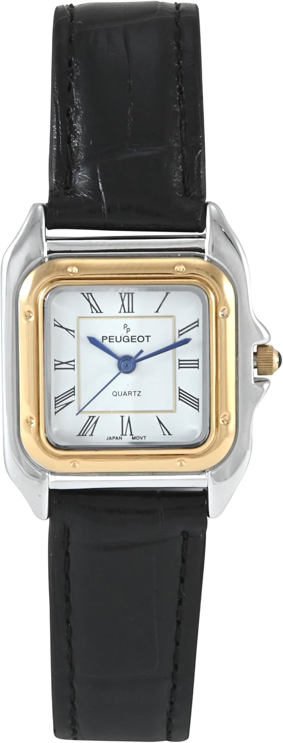 Peugeot Women's Two-Tone Square Tank Roman Numeral Leather Dress Watch