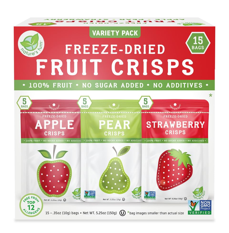 Nature’s Turn Freeze-Dried Fruit Crisps –Healthy, Gluten-Free,Crispy & Delicious, Plant-Based Snack,Ideal for Cereal, Smoothies,School Lunches,& On-the-Go,Snack Size Variety Bags of 15 (0.35 oz Each)