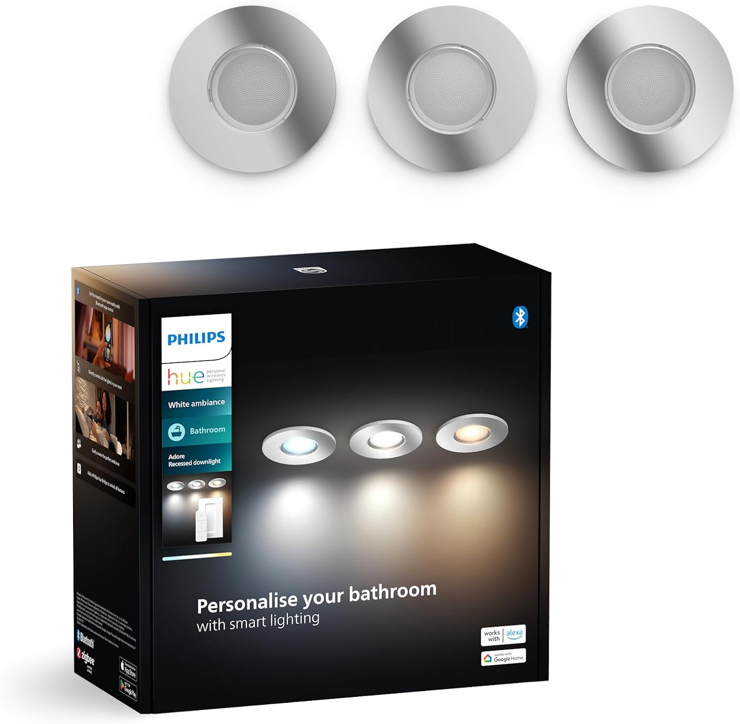 Philips Hue White Ambiance Adore recessed Spot, 3 Pack, Round, Aluminium, New Generation