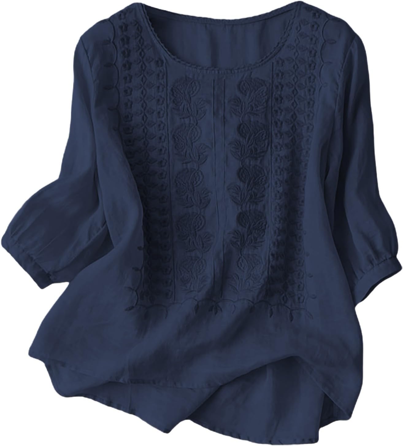 Cotton Linen Ladies Tops Summer Retro 3/4 Sleeve Tunic Top Loose Baggy T-Shirts Plus Size Lightweight Linen Flowy Boho Tee Shirts Blouse