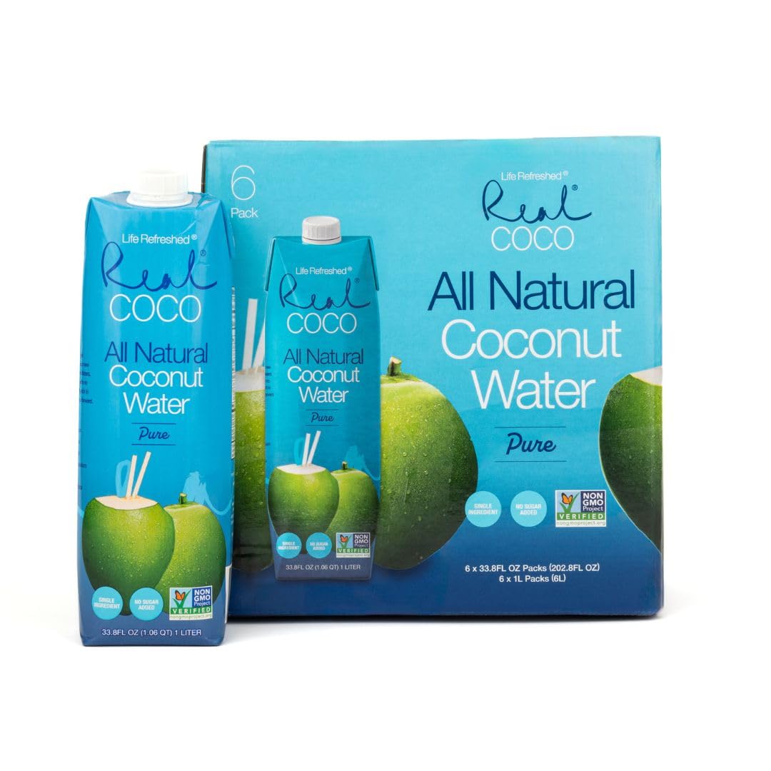 Real Coco All Natural Pure Coconut Water (6-Pack 1L), Single Ingredient, No Added Sugar, Plant Based, Packed with Electrolytes, Vegan