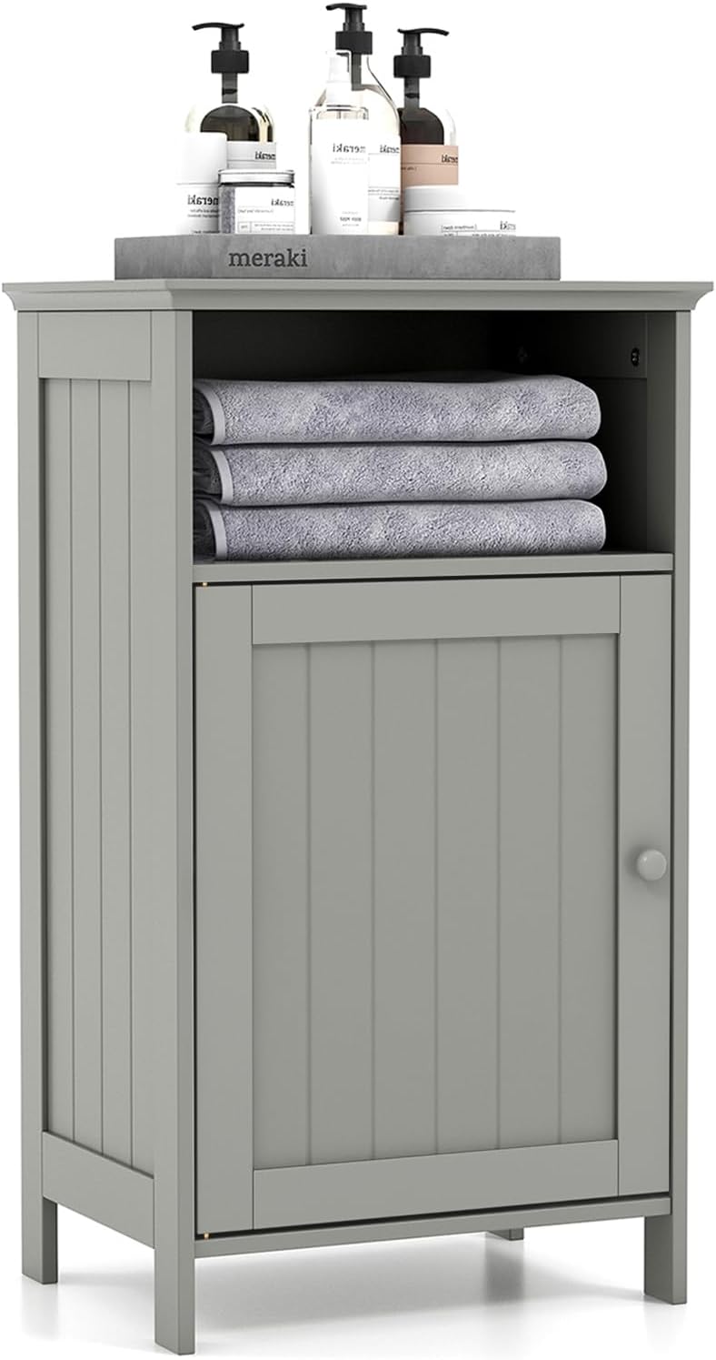 Bathroom Storage Cabinet, Freestanding Wooden Bathroom Floor Cabinet with Door, Open Shelf, 3-Level Adjustable Shelf, Multipurpose Side Storage Organizer for Living Room, Kitchen (Grey)