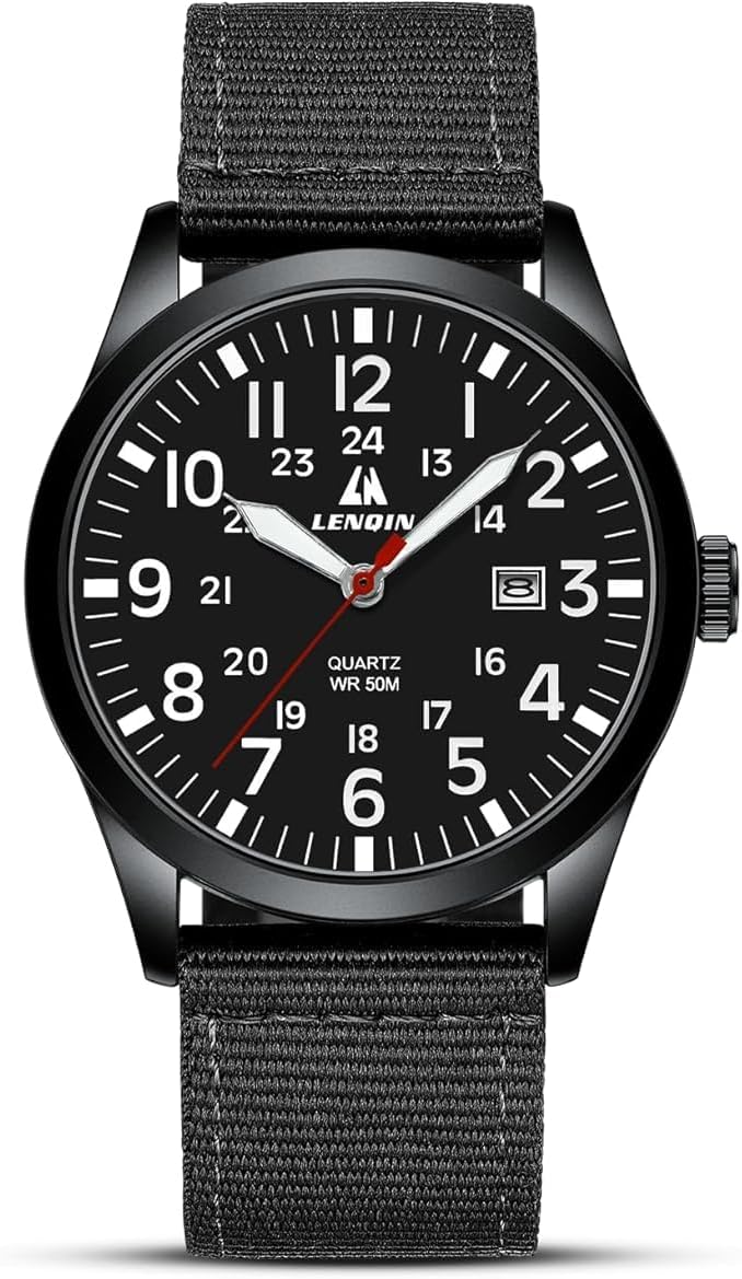 LN LENQIN Mens Watches Military Watch Field Watch Analog Quartz Watches for Men Luminous Army Tactical Outdoor Sports Waterproof Men's Wrist Watches with Date and Nylon Strap