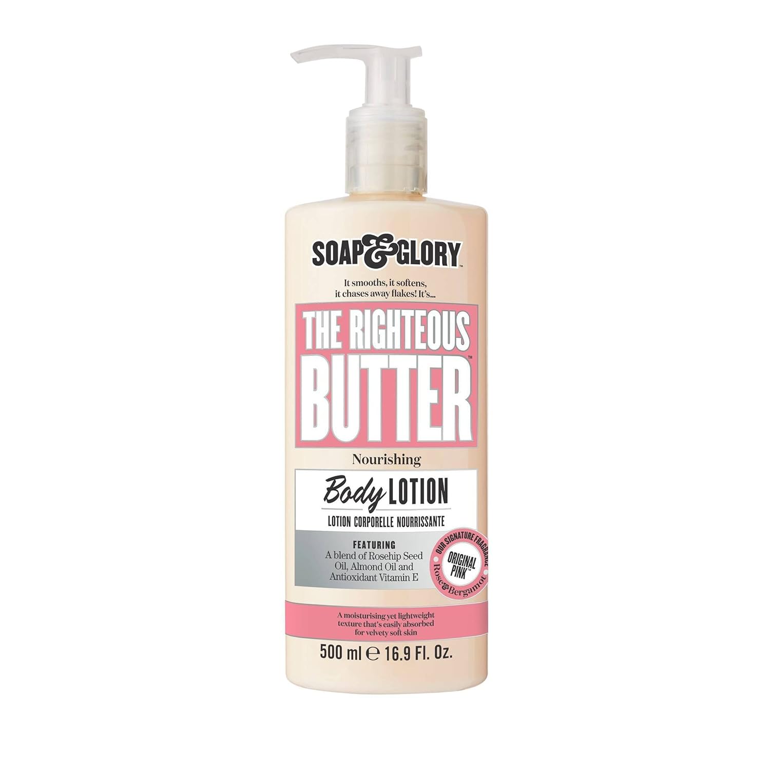 Soap & Glory Original Pink The Righteous Butter Moisturizing Body Lotion Pump - Shea Butter, Vitamin E & Aloe Vera Vegan Body Moisturizer - Rose & Bergamot Scented Lotion (500ml)