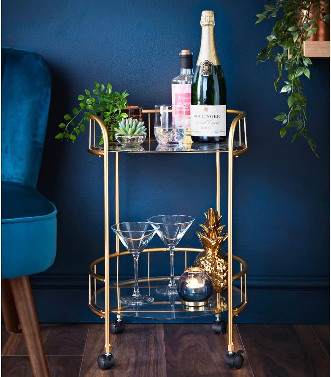 NEW Gold Drinks Trolley With Glass Shelves Mini Bar Cocktail Table Drink Table
