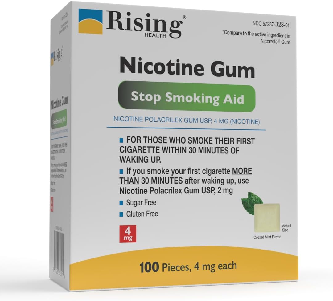 Rising Health - Nicotine Polacrilex Coated Gum 4mg (Nicotine), Coated Mint Flavor, Stop Smoking Aid; Quit Smoking with Nicotine Gum, 100 Count (4mg)