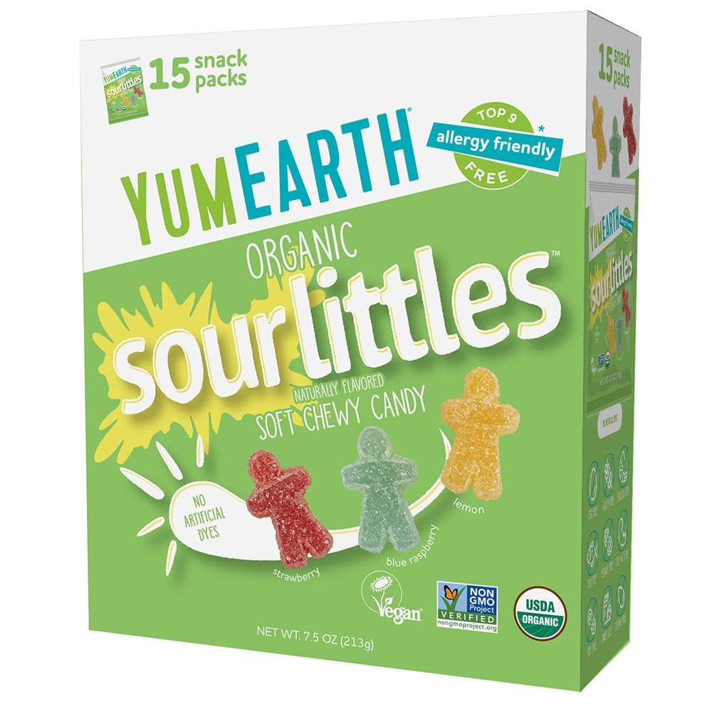 YumEarth Organic Sour Littles Chewy Candy - Allergy Friendly (Top 9 Free), No Artificial Dyes or Flavors, Non GMO, Gluten Free, Vegan Candy Snacks - 15 Count Box