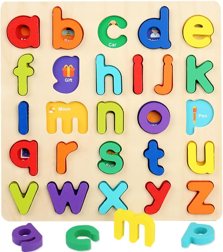 Wooden Jigsaw Puzzles for 3 4 5 Year Old Kids Numbers & ABC Alphabet Learning Toys - Early Education Toys-Wooden Puzzles Montessori Toys for Girls Boys Gifts. (lowercase letters)