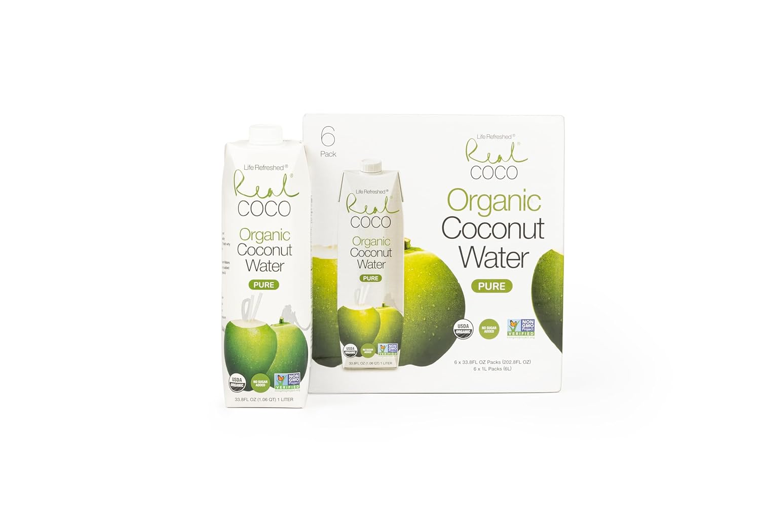 Real Coco Organic Pure Coconut Water (6-Pack 1L), USDA Organic, No Added Sugar, Plant Based, Packed with Electrolytes, Vegan