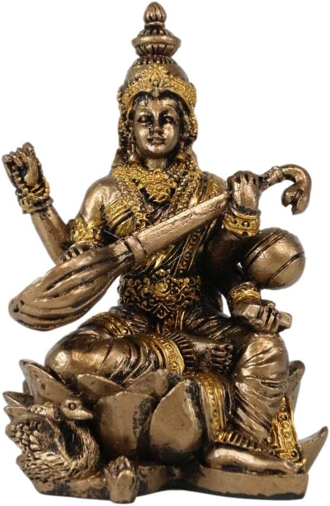 Ebros Eastern Enlightenment Vastu Hindu Beautiful Goddess Saraswati Seated On Lotus Flower Throne Playing Veena Guitar Miniature Figurine 2.75"Tall Patron Deity Of Music Arts Knowledge Mini Sculpture