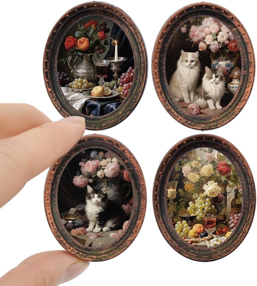 iLAND Miniature Dollhouse Accessories, 4 Dollhouse Picture Frames Set w/Printed Paintings (4 Dark Brass Oval Frames w/ 4 Pictures)